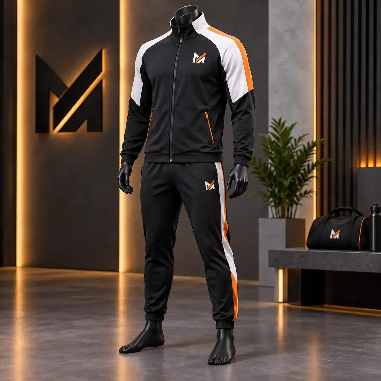 Custom black tracksuit with white shoulder panels and orange accents displayed on a mannequin, featuring the Mega Apparel logo in a modern sportswear showroom.